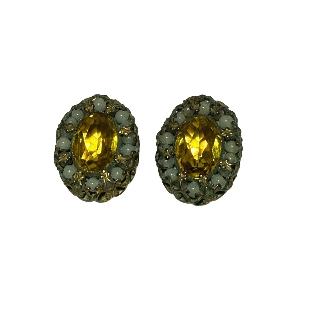 Vintage Yellow Glass‎ Oval Clip-On Earrings Brass Filigree Beaded Stud Women